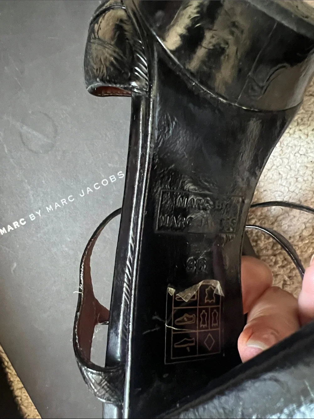 Marc Jacobs Black Patent Platform Sandals with Silver Chain